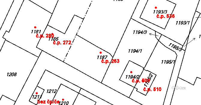 Komárov 263 na parcele st. 1187 v KÚ Komárov u Hořovic, Katastrální mapa