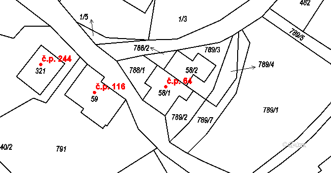 Chuchelna 64 na parcele st. 58/1 v KÚ Chuchelna, Katastrální mapa