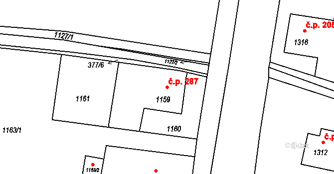 Lutyně 287, Orlová na parcele st. 1159 v KÚ Horní Lutyně, Katastrální mapa