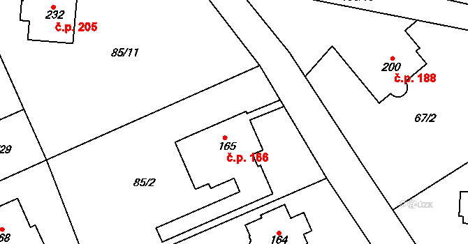 Senohraby 166 na parcele st. 165 v KÚ Senohraby, Katastrální mapa