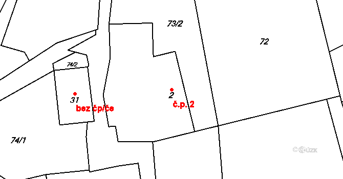 Horní Světlá 2, Bradáčov na parcele st. 2 v KÚ Horní Světlá u Bradáčova, Katastrální mapa