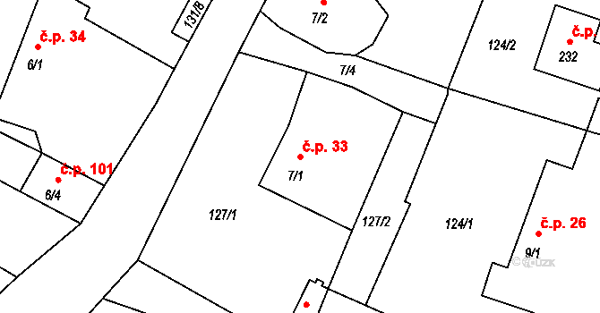 Sudoměřice u Bechyně 33 na parcele st. 7/1 v KÚ Sudoměřice u Bechyně, Katastrální mapa