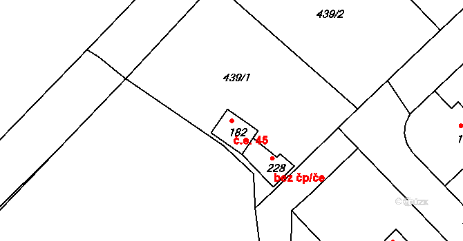 Sudoměřice u Tábora 45 na parcele st. 182 v KÚ Sudoměřice u Tábora, Katastrální mapa