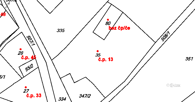 Hřídelec 13, Lázně Bělohrad na parcele st. 35 v KÚ Hřídelec, Katastrální mapa