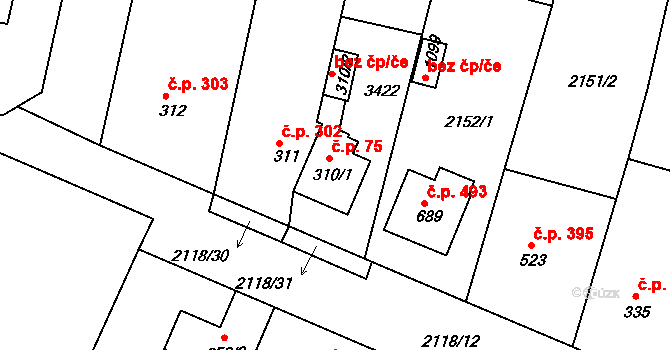 Zliv 75 na parcele st. 310/1 v KÚ Zliv u Českých Budějovic, Katastrální mapa