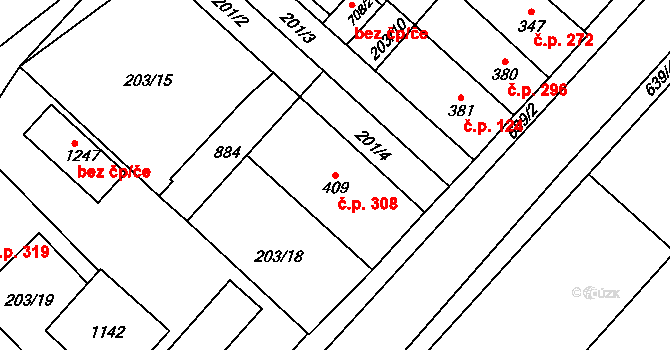 Jablonné nad Orlicí 308 na parcele st. 409 v KÚ Jablonné nad Orlicí, Katastrální mapa