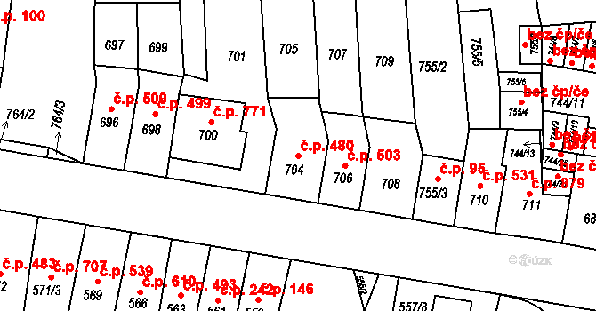 Jundrov 480, Brno na parcele st. 704 v KÚ Jundrov, Katastrální mapa