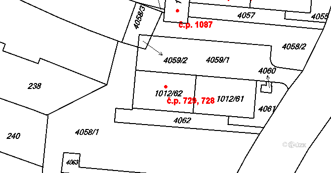 Komín 728,729, Brno na parcele st. 1012/61 v KÚ Komín, Katastrální mapa