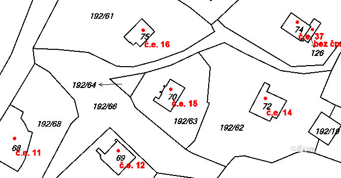 Mradice 15, Postoloprty na parcele st. 70 v KÚ Mradice, Katastrální mapa