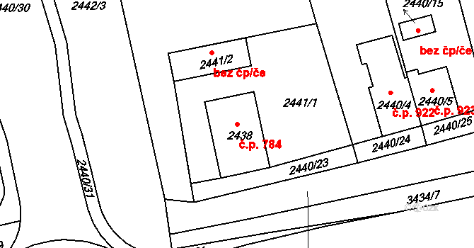 Pelhřimov 784 na parcele st. 2438 v KÚ Pelhřimov, Katastrální mapa