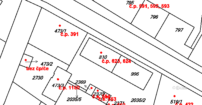Pacov 623,624 na parcele st. 810 v KÚ Pacov, Katastrální mapa