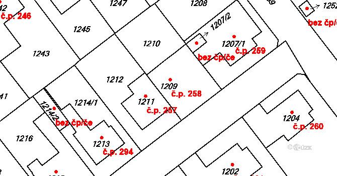 Radotín 258, Praha na parcele st. 1209 v KÚ Radotín, Katastrální mapa
