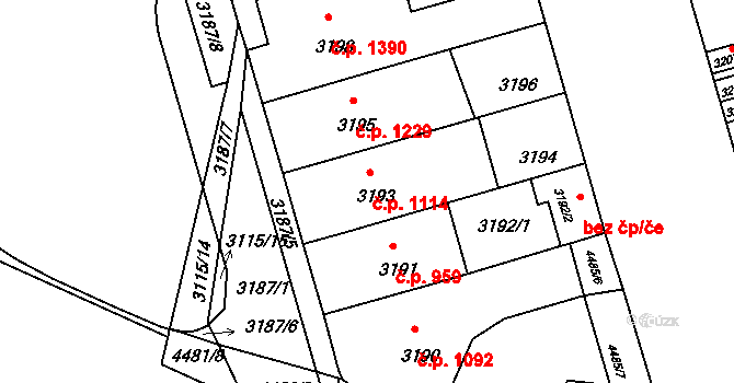 Strašnice 1114, Praha na parcele st. 3193 v KÚ Strašnice, Katastrální mapa