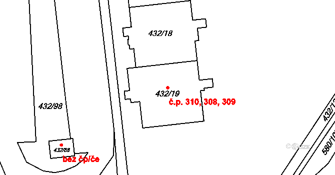 Petrovice 308,309,310, Praha na parcele st. 432/19 v KÚ Petrovice, Katastrální mapa