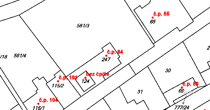 Podluhy 84 na parcele st. 247 v KÚ Podluhy, Katastrální mapa