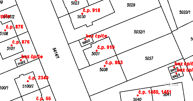 Východní Předměstí 919, Plzeň na parcele st. 5031 v KÚ Plzeň, Katastrální mapa