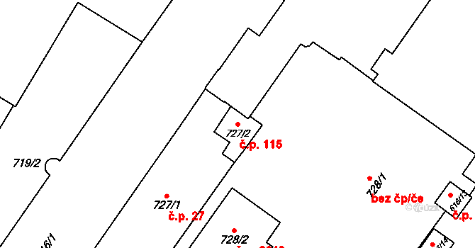Východní Předměstí 115, Plzeň na parcele st. 727/2 v KÚ Plzeň, Katastrální mapa