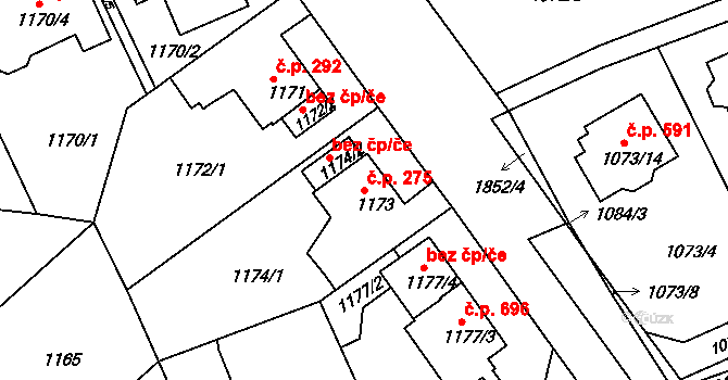 Černice 275, Plzeň na parcele st. 1173 v KÚ Bručná, Katastrální mapa