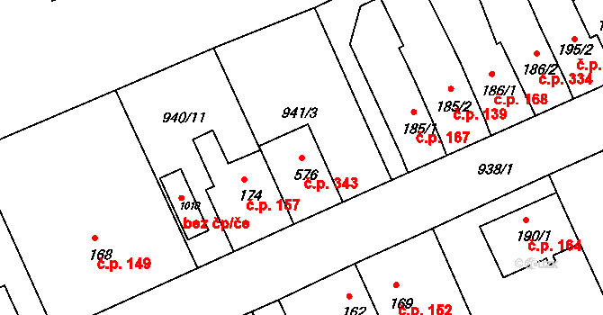 Hylváty 343, Ústí nad Orlicí na parcele st. 576 v KÚ Hylváty, Katastrální mapa