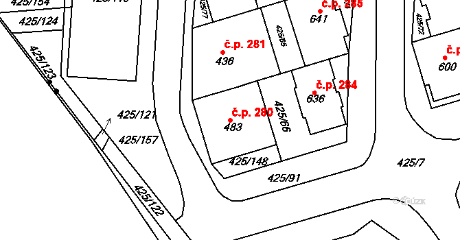 Týn 280, Třebíč na parcele st. 483 v KÚ Týn u Třebíče, Katastrální mapa