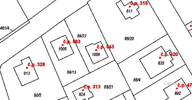 Radošovice 543, Říčany na parcele st. 1006 v KÚ Říčany-Radošovice, Katastrální mapa