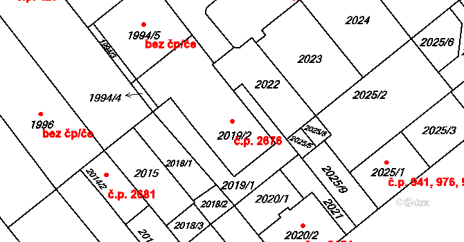 Východní Předměstí 2676, Plzeň na parcele st. 2019/2 v KÚ Plzeň, Katastrální mapa