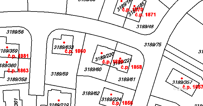 Roztoky 1859 na parcele st. 3189/220 v KÚ Žalov, Katastrální mapa