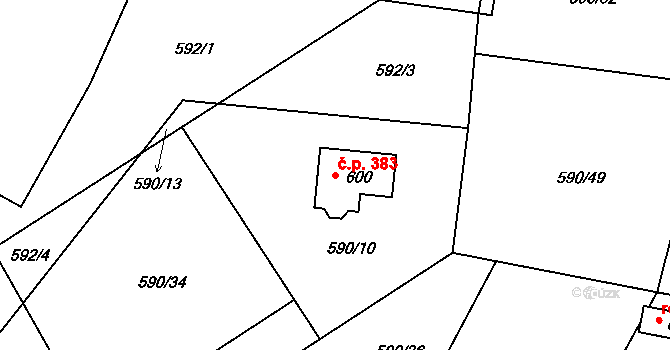 Hradiště 383, Písek na parcele st. 600 v KÚ Hradiště u Písku, Katastrální mapa