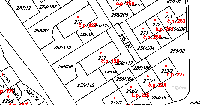 Jenštejn 128 na parcele st. 231 v KÚ Jenštejn, Katastrální mapa