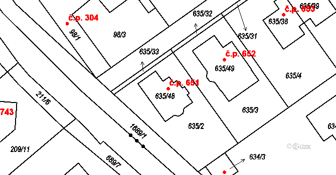 Jirny 651 na parcele st. 635/48 v KÚ Jirny, Katastrální mapa