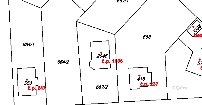 Sezimovo Ústí 1186 na parcele st. 2946 v KÚ Sezimovo Ústí, Katastrální mapa