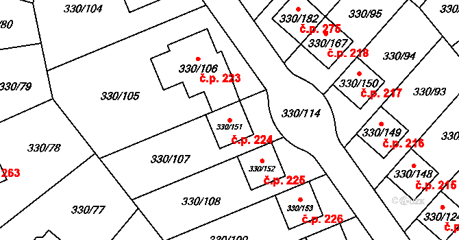 Hlušovice 224 na parcele st. 330/151 v KÚ Hlušovice, Katastrální mapa