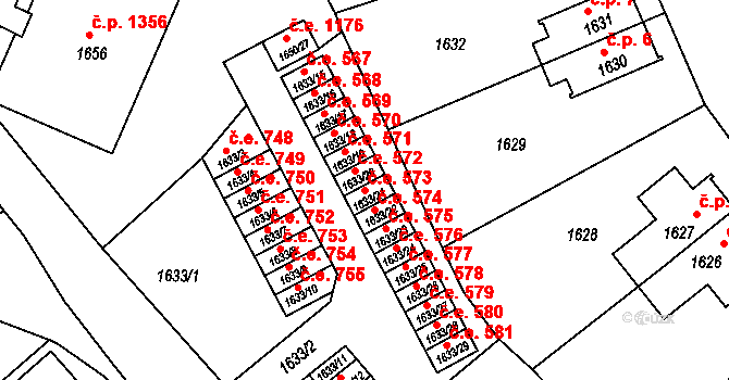 Děčín VI-Letná 573, Děčín na parcele st. 1633/21 v KÚ Podmokly, Katastrální mapa