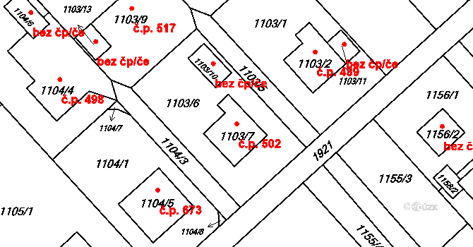 Petřkovice 502, Ostrava na parcele st. 1103/7 v KÚ Petřkovice u Ostravy, Katastrální mapa