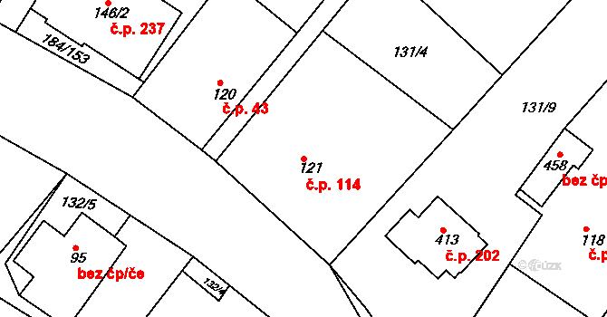 Škrdlovice 114 na parcele st. 121 v KÚ Škrdlovice, Katastrální mapa