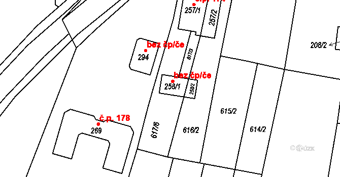 Vážany 41285301 na parcele st. 258/1 v KÚ Vážany u Uherského Hradiště, Katastrální mapa