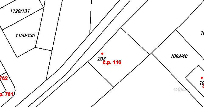 Kudlov 116, Zlín na parcele st. 203 v KÚ Kudlov, Katastrální mapa