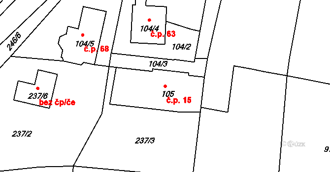 Jezdkovice 15 na parcele st. 105 v KÚ Jezdkovice, Katastrální mapa