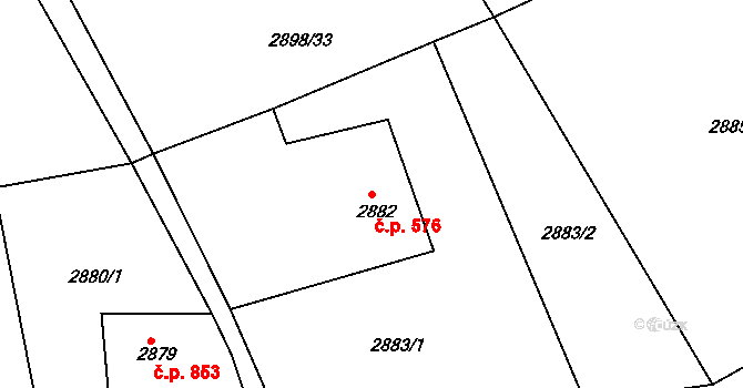 Buchlovice 576 na parcele st. 2882 v KÚ Buchlovice, Katastrální mapa