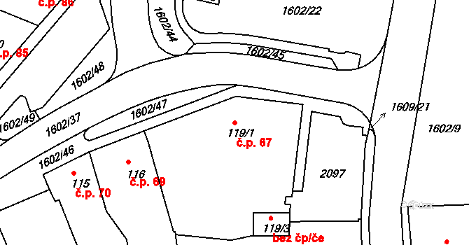 Milevsko 67 na parcele st. 119/1 v KÚ Milevsko, Katastrální mapa