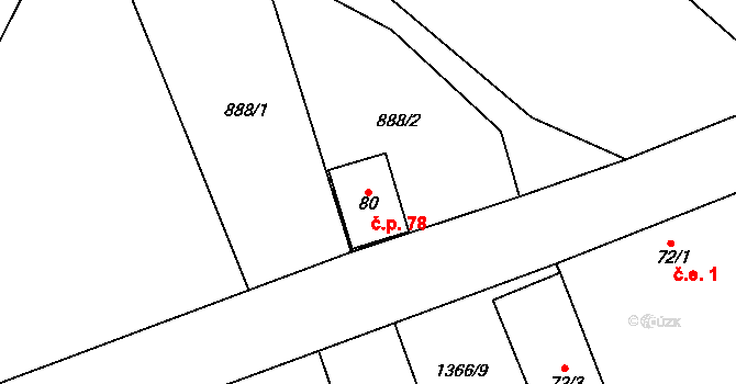 Dolní Jamné 78, Bezvěrov na parcele st. 80 v KÚ Dolní Jamné, Katastrální mapa