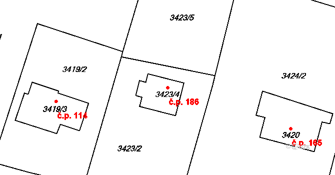 Choceňské Předměstí 186, Vysoké Mýto na parcele st. 3423/4 v KÚ Vysoké Mýto, Katastrální mapa