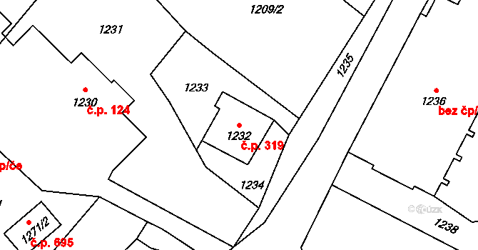 Rapotín 319 na parcele st. 1232 v KÚ Rapotín, Katastrální mapa
