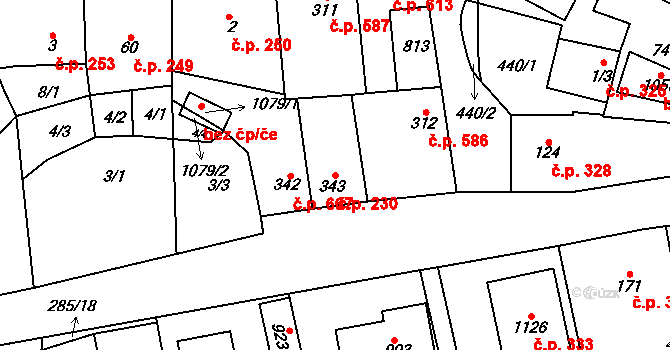 Kralupy nad Vltavou 230 na parcele st. 343 v KÚ Lobeč, Katastrální mapa