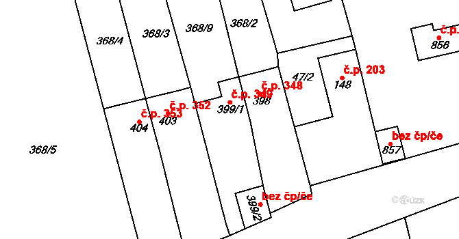 Radnice 349 na parcele st. 399/1 v KÚ Radnice u Rokycan, Katastrální mapa