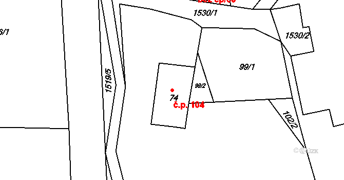 Rožmitál 104, Broumov na parcele st. 74 v KÚ Rožmitál, Katastrální mapa
