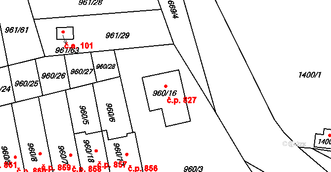 Hronov 827 na parcele st. 960/16 v KÚ Hronov, Katastrální mapa