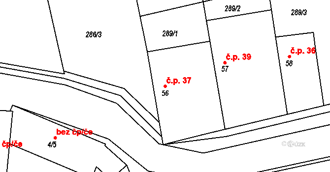 Platěnice 37, Moravany na parcele st. 56 v KÚ Platěnice, Katastrální mapa