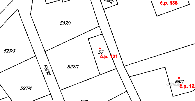 Lubina 121, Kopřivnice na parcele st. 57 v KÚ Drnholec nad Lubinou, Katastrální mapa
