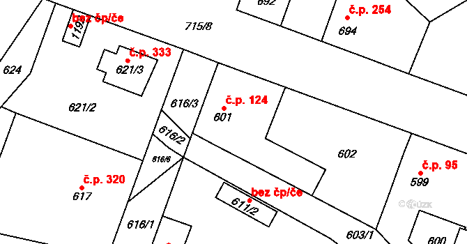 Rynholec 124 na parcele st. 601 v KÚ Rynholec, Katastrální mapa